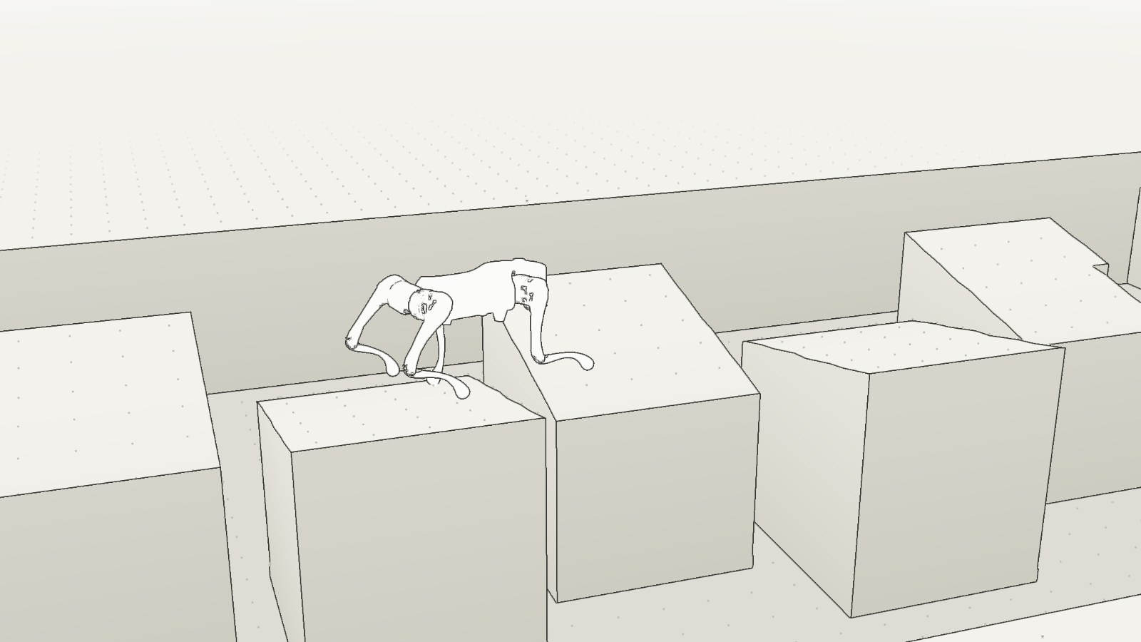 Line drawing of the robot leaping between tilted ramps